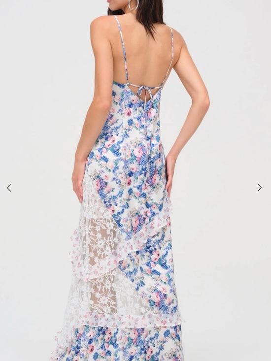 For Love & Lemons Blue and Pink Floral Backless Slip Maxi Dress
